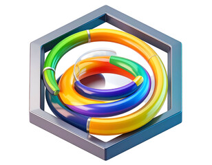 A vibrant, curved color spiral within a metallic hexagonal frame