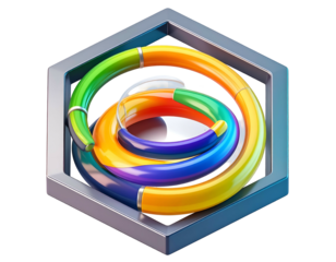 A vibrant, curved color spiral within a metallic hexagonal frame