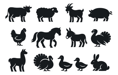 Fototapeta premium Minimalist silhouette farm animal set featuring various livestock and domestic animals for agricultural design