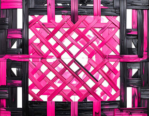 Close-up view of woven material, pink and black contrasting patterns
