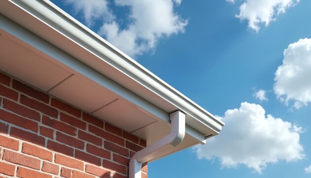White seamless gutters installed on brick house. System directs rainwater away from home structure. Outdoor architecture detail under blue sky with clouds.