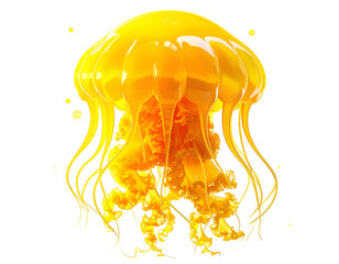 Vivid, glossy, luminous, golden jellyfish against a black backdrop