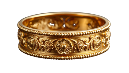 Ornate gold band with raised floral and beaded detailing, close-up