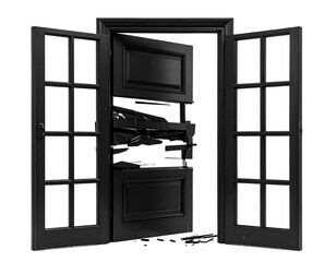 Black double doors, one shattered, opening to unknown darkness