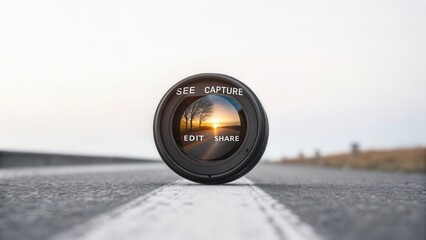 Creative Photography Concept Featuring Camera Lens with Inspirational Words on Road at Sunset for Art and Design Projects