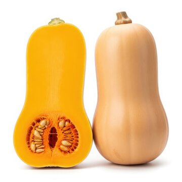 Two butternut squashes, one cut open isolated on white background