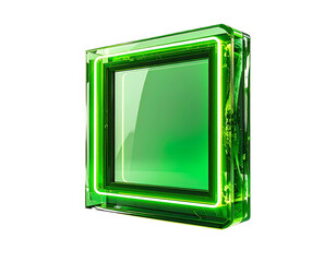 3D rendered cube, green glass panel with glowing neon frame, black background
