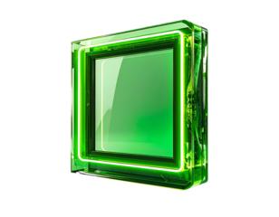 3D rendered cube, green glass panel with glowing neon frame, black background