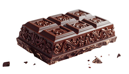 Exquisite dark chocolate bar, richly detailed, resting on a transparent surface