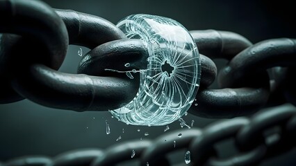 Shattered glass link in a rusty metal chain, symbolizing weakness, breaking point, and vulnerability in a system or connection