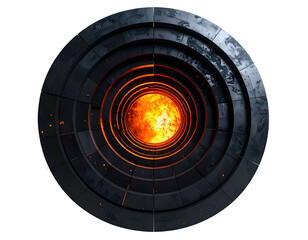 Circular structure with concentric layers around a fiery, glowing core