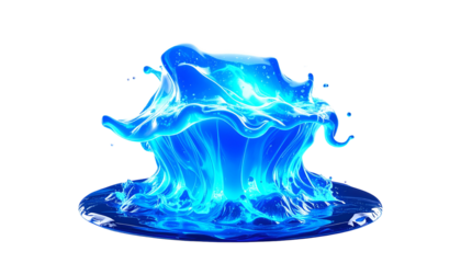 Vibrant, blue, animated splash of water on a reflective surface