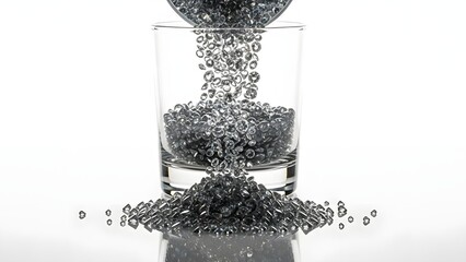 Brilliant round cut diamonds pouring into a glass and spilling onto a reflective white surface, symbolizing luxury, wealth, and abundance