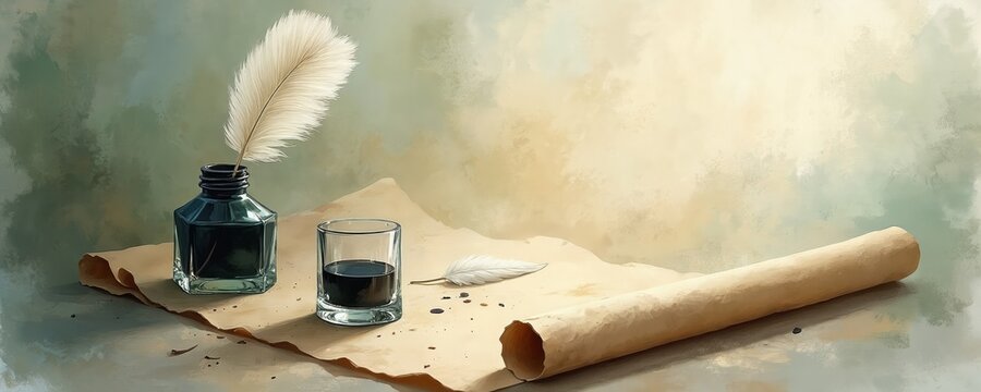 Feather quill pen rests beside dark inkwell and aged parchment scroll. Small glass holds ink, another feather lies nearby. Writing or drawing surface with old document.