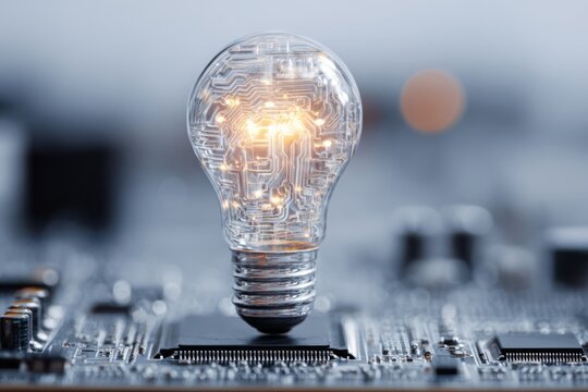 Glowing lightbulb on a circuit board representing innovation, artificial intelligence, and smart technology. - Powered by Adobe
