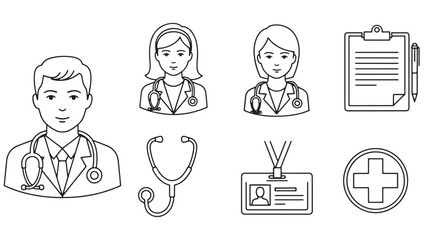 Naklejka premium Professional clinical staff and medical administrative icons featuring doctor avatars and ID badges for hospital business management resources and identity design.