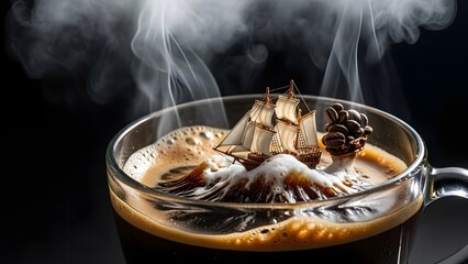 Whimsical Coffee Landscape with Miniature Sailboat and Coffee Bean Island in a Steaming Cup