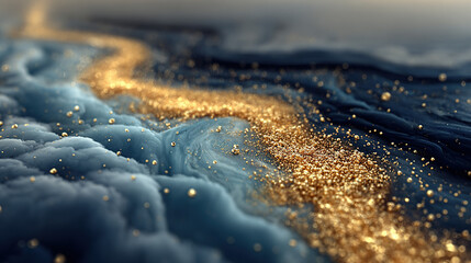 Sparkling golden particles flow along a wavy, icy surface in a surreal scene.