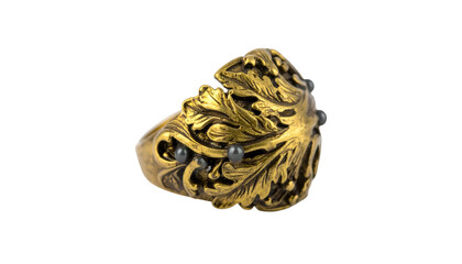 Ornate gold ring with leaf design and dark gem accents, centered on black