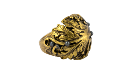 Ornate gold ring with leaf design and dark gem accents, centered on black