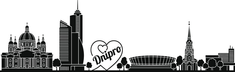 Dnipro Ukraine city skyline silhouette with major architectural landmarks and I Love Dnipro heart monument for travel and regional branding vector