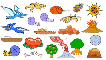 恐竜時代の世界観を表す生き物や自然モチーフをまとめたイラスト © ribitts