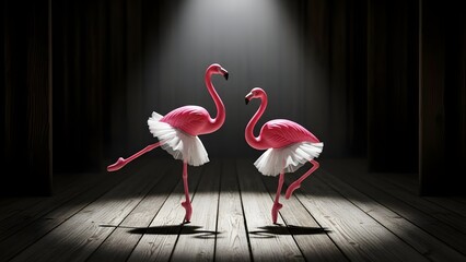 Two elegant pink flamingo ballerinas perform on a spotlighted wooden stage, showcasing grace and whimsy in a dramatic theater setting