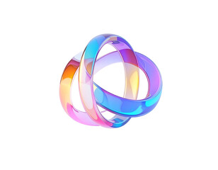 Abstract 3D knot of iridescent, transparent, interwoven rings on black