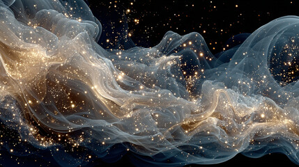 Abstract cosmic scene with swirling translucent clouds and bright star-like points.