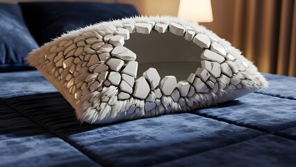 Surreal fluffy pillow with a jagged, broken hole revealing a smooth interior, on a blue quilted bedspread
