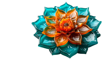 A vibrant, layered, floral sculpture with teal and orange hues
