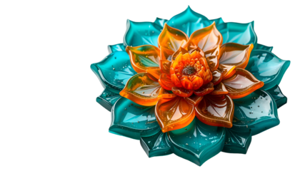 A vibrant, layered, floral sculpture with teal and orange hues