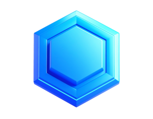 A luminous, layered, blue hexagonal gemstone with beveled edges