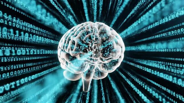 A futuristic digital illustration of a human brain composed of tiny pixels and binary code, surrounded by radiating lines of code