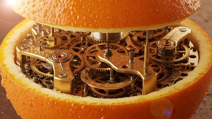 Organic Timepiece: Intricate Clockwork Gears Nestled Within a Freshly Cut Orange, Symbolizing Natural Precision and Innovative Mechanisms