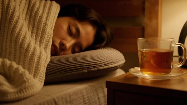 Peaceful Woman Sleeping at Home with Tea
