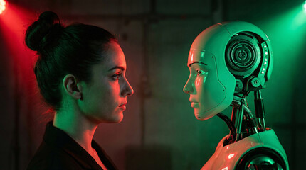 Human and artificial intelligence face to face concept, representing future technology, machine learning, robotics, digital transformation and ethical innovation.