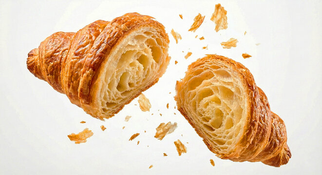 Sliced butter croissant halves with flying crumbs showing flaky layers texture.