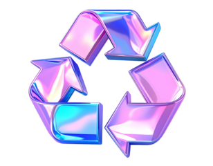 Shiny, holographic recycling symbol on black
