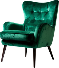 Isolated Modern Emerald Green Velvet Armchair on Transparent Background
