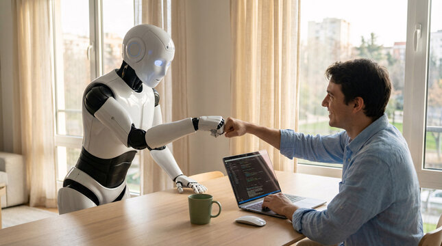 Business collaboration between human and robot in office environment, representing artificial intelligence, productivity, automation and future workplace innovation.