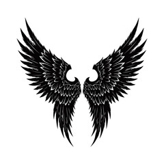 Obraz premium Detailed illustration of a pair of majestic black feathered wings spread wide against a clean white background, resembling angel or bird wings.