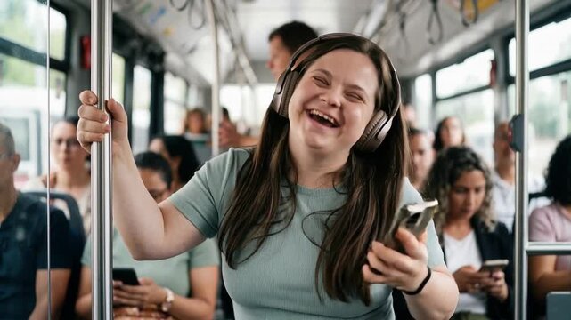 Joyful woman with Down syndrome listening to music and dancing with a smile while commuting on a public bus with blurred people in the background