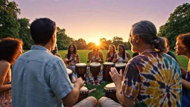 Group of people enjoying a sunset drumming circle in a park setting