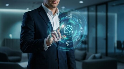 businesswoman pushing a button on a touch screen interface