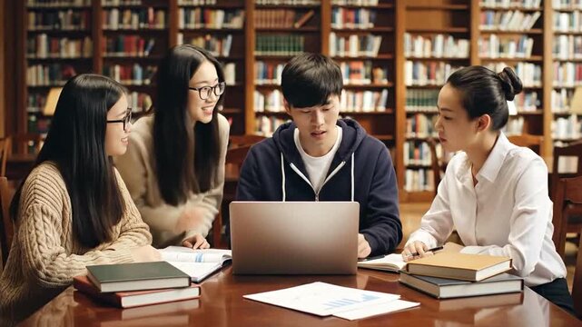 Group of students collaborating on a laptop in a library study session