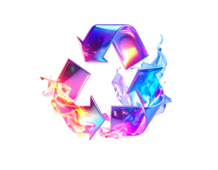 Gleaming, iridescent recycling symbol with fiery, ethereal accents, black background