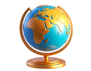 Rendered globe with gold continents and blue oceans on a gold stand