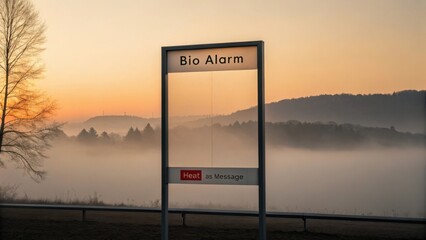 Calm Sunrise Over Landscape with Signboard Displaying Message in Misty Atmosphere with Colorful Horizon