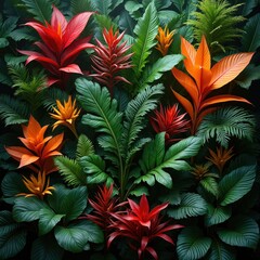Fototapeta premium Rich jungle with vibrant tropical plants. Exotic flowers in red orange and yellow bloom amongst large green leaves. Verdant foliage creates dense jungle canopy.